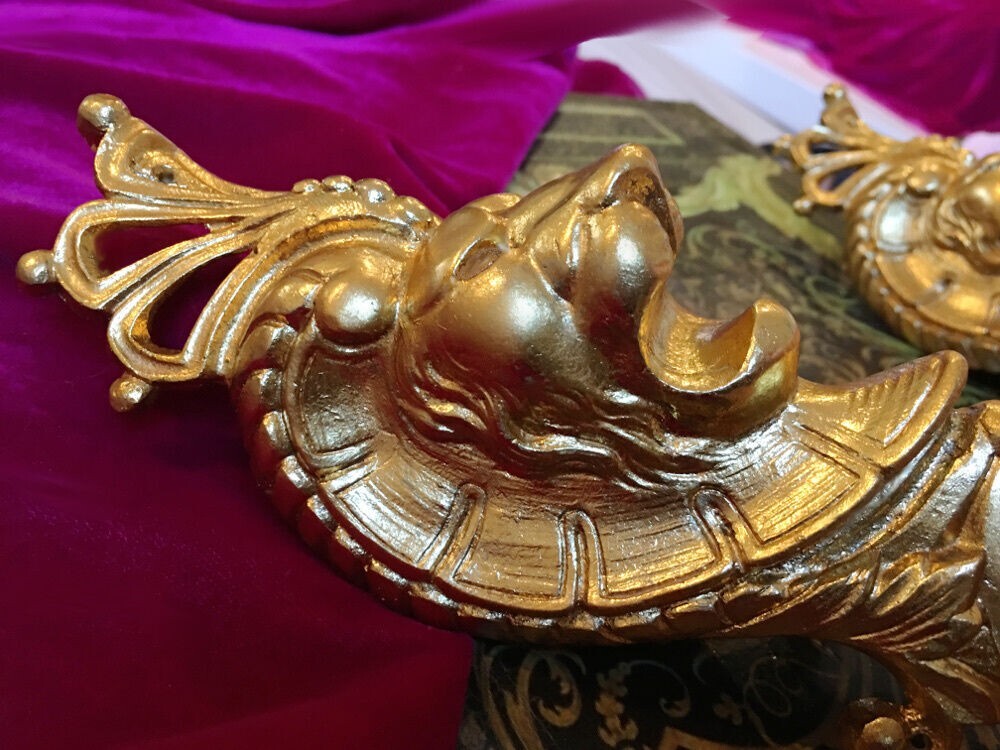 Antique French Empire Style Ormolu Bronze Lion Furniture Leg Mount Pediment x 2