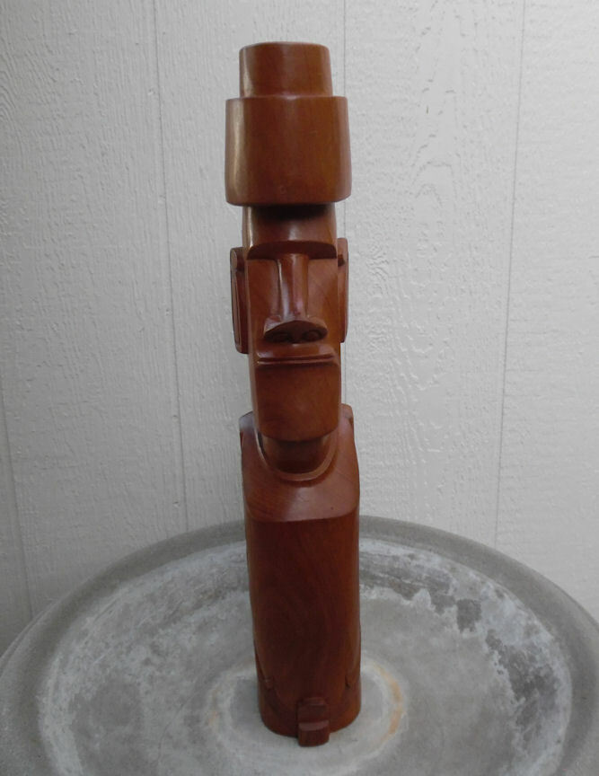 EASTER ISLAND RAPA NUI HAND CARVED CARVED WOOD MOAI WITH HEADPIECE 20 1/4″ TALL