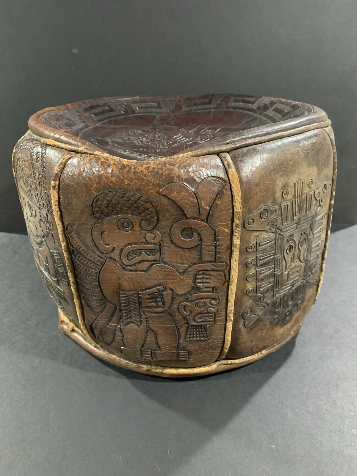 Vtg Hand Tooled Peruvian Leather Ottoman Foot Stool PreColumbian Warrior Glyphs