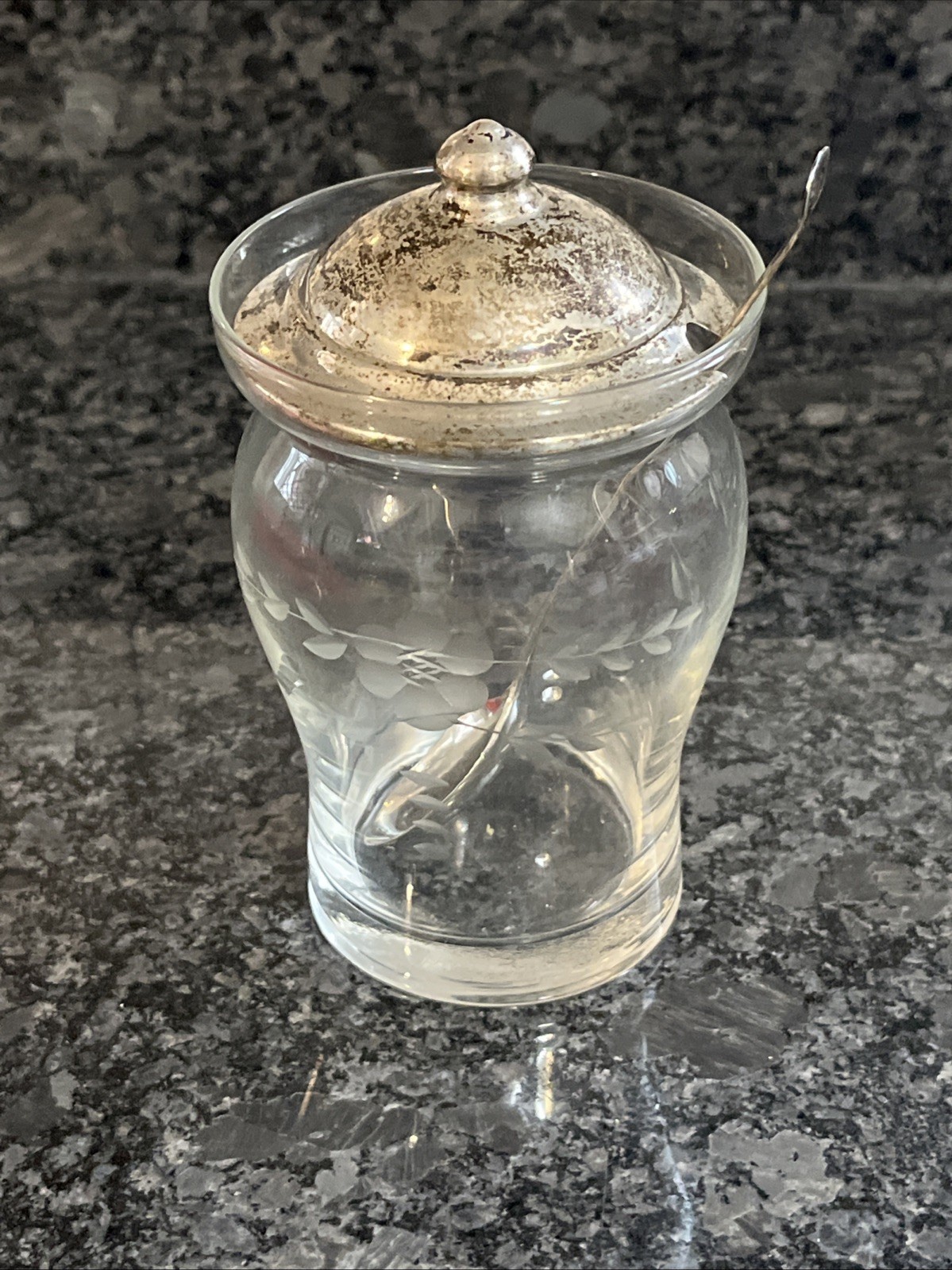 Vintage Webster Sterling Etched Glass Jam Jar Sterling Silver Lid & Spoon