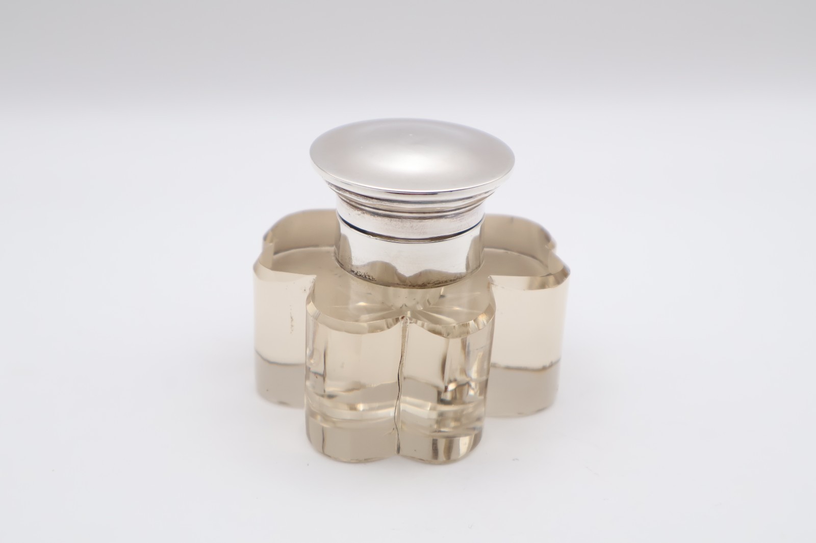 Antique Sterling Silver Topped Clover Shaped Glass Inkwell Birmingham 1932