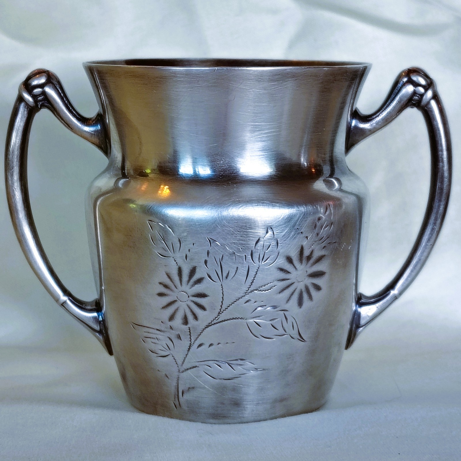Vintage Silver Plated Double Handled Vase Loving Cup Triple Plate Floral Engrave