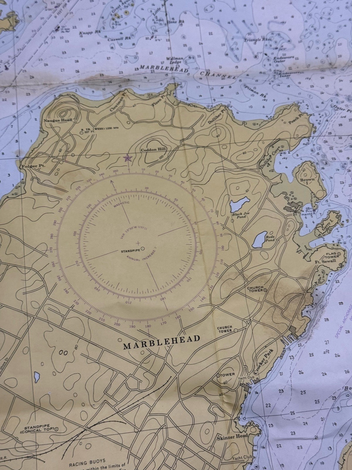 1972 SALEM, MARBLEHEAD, BEVERLY Nautical Chart HARBORS 33.5″ x 33.5″