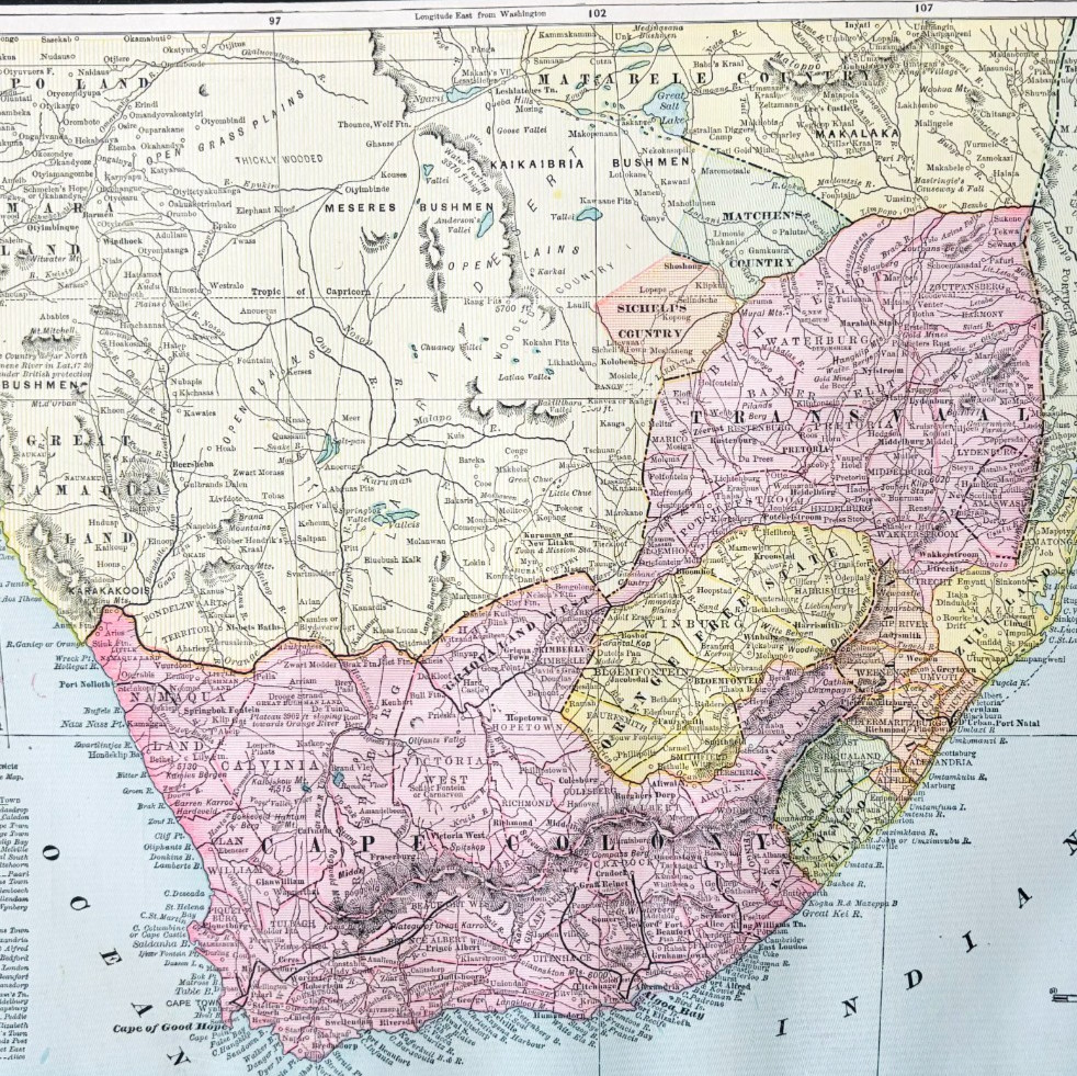 1895 South Africa Map Antique Victorian Geography History Cape Colony DWYY10C