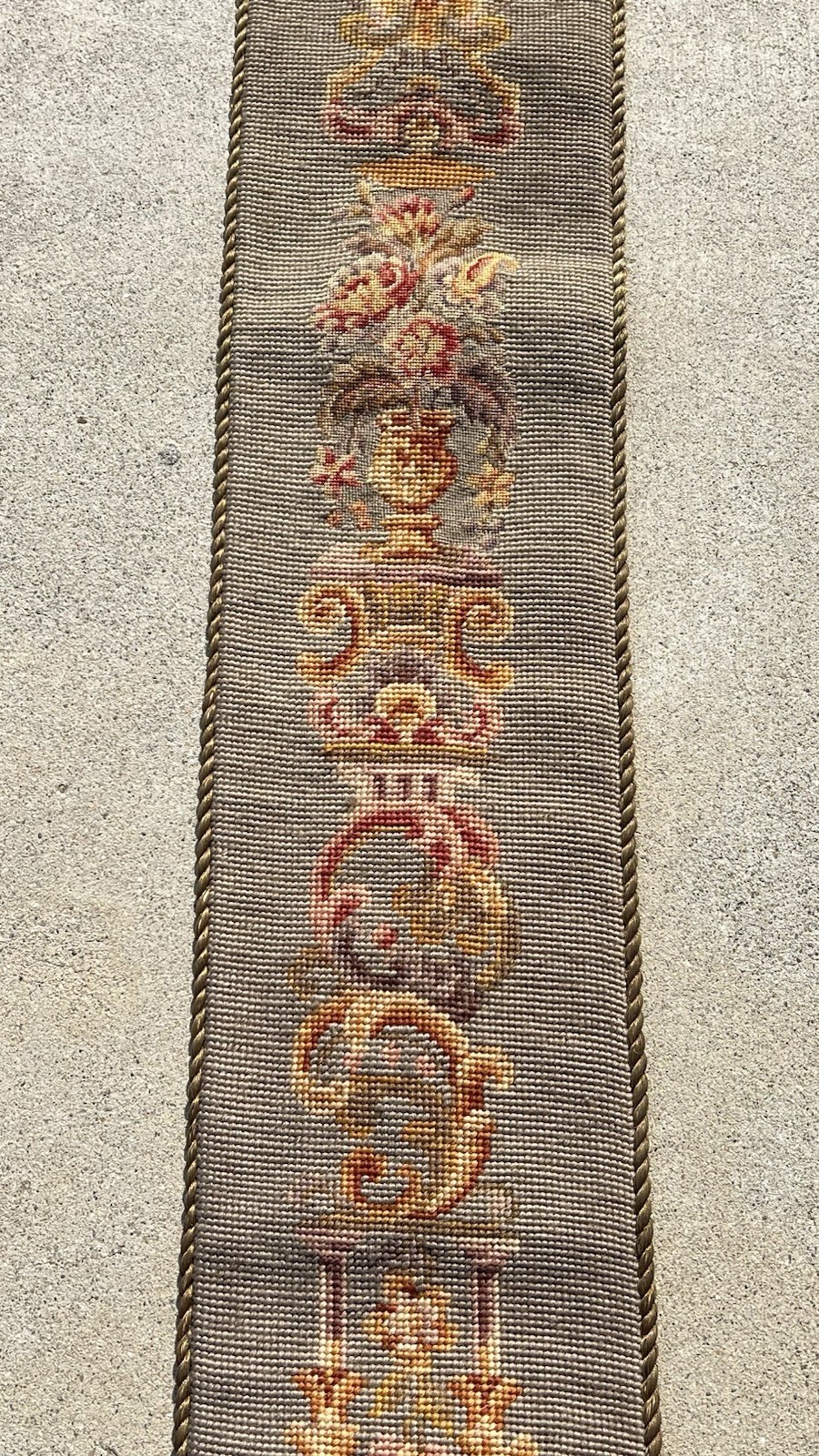 Vtg Needlepoint Bell Pull Wall Hanging Floral Urn Tapestry Bronze Hardware 60”