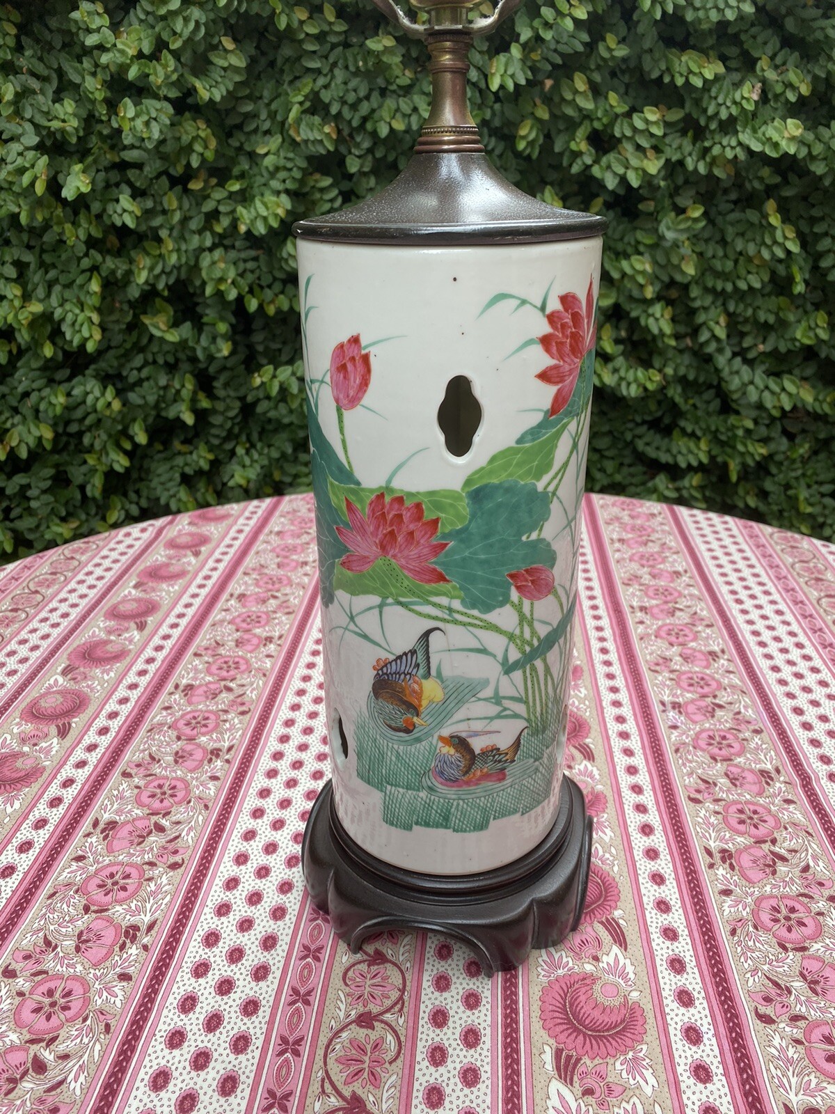 Antique Chinese Porcelain Hat Wig Stand Lamp Chinoiserie Pink Green Birds Lotus