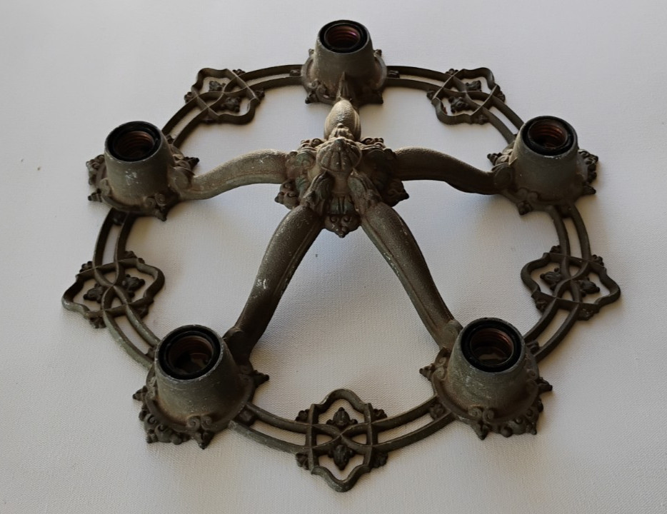 RIDDLE CO ANTIQUE VICTORIAN ORNATE 5 SOCKET CAST METAL CEILING LIGHT FIXTURE