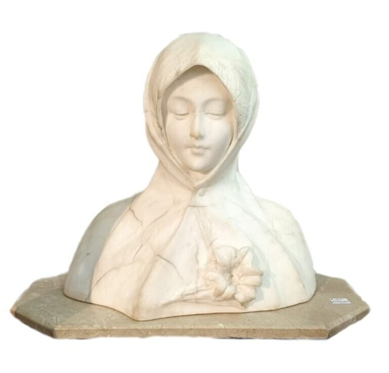 Antique Italian Carved White Marble Bust of St. Clare of Assisi Adolfo Cipriani