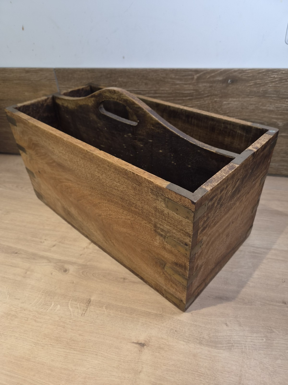 Oak Wooden Carrier Storage Box 2 Compartments Tools Planter Vintage Brass