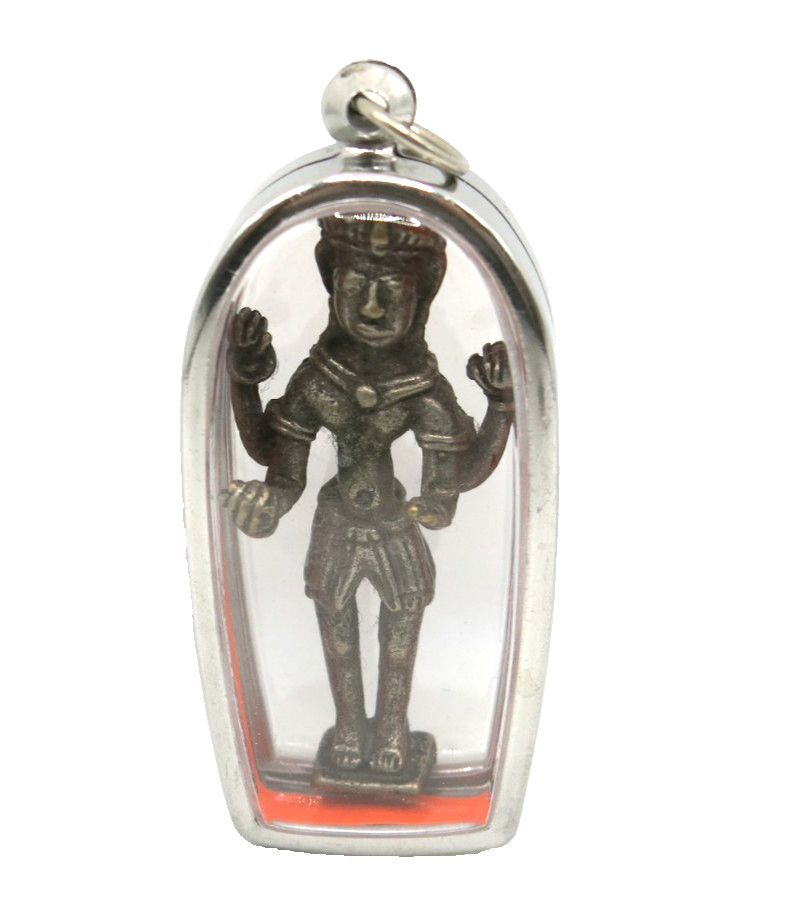 Antique Thai Amulet Pendant Phra Narai 4 Arms Lord Vishnu Blessed Bronze Statue