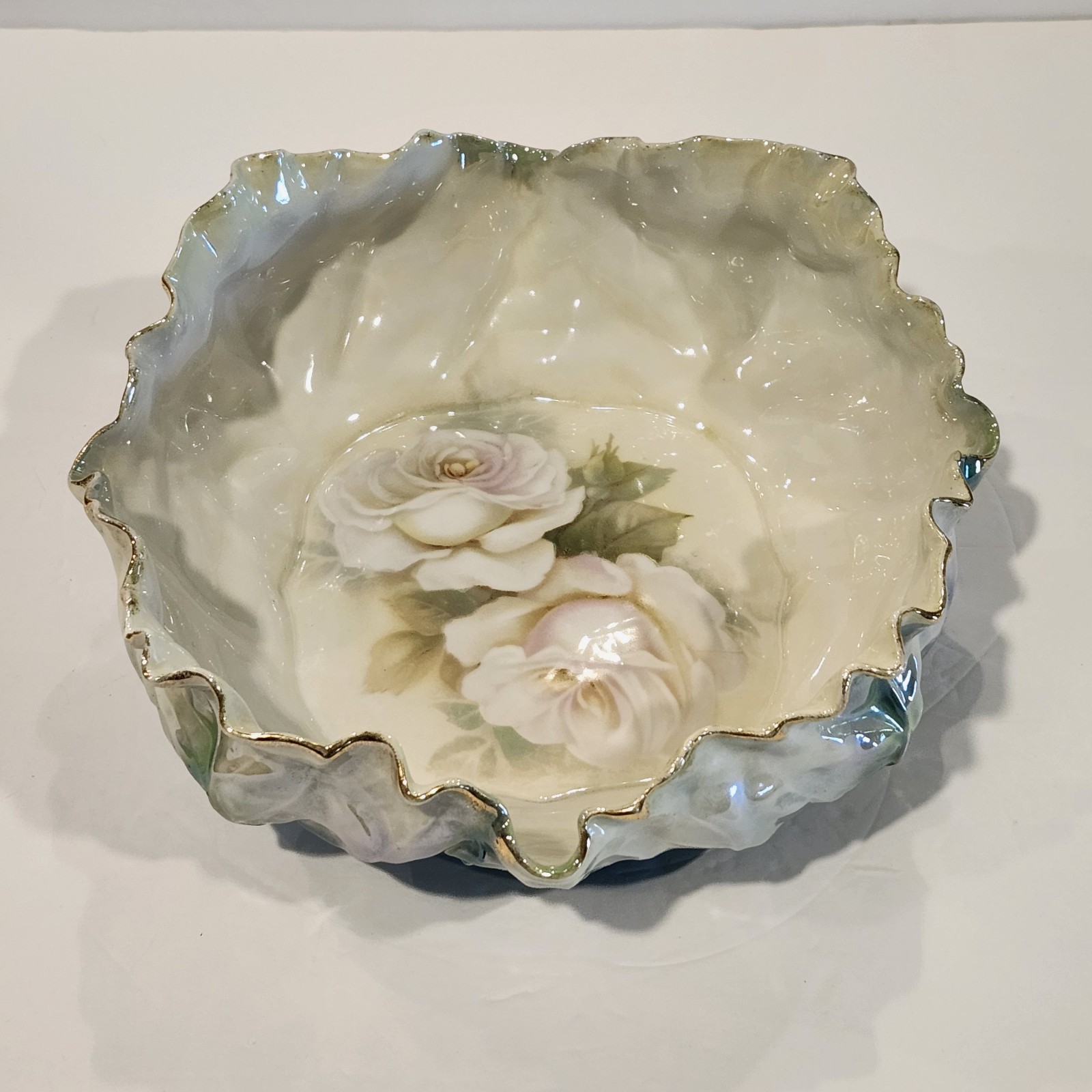 Antique Rs Prussia Cabbage Leaf Bowl Handpainted Roses Gold Color Trim