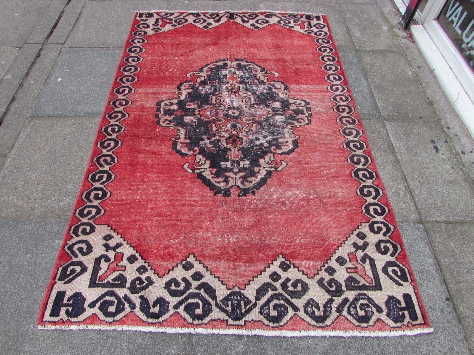 Vintage Worn Fragment Hand Made Traditional Oriental Wool Red Pink Rug 204x130cm