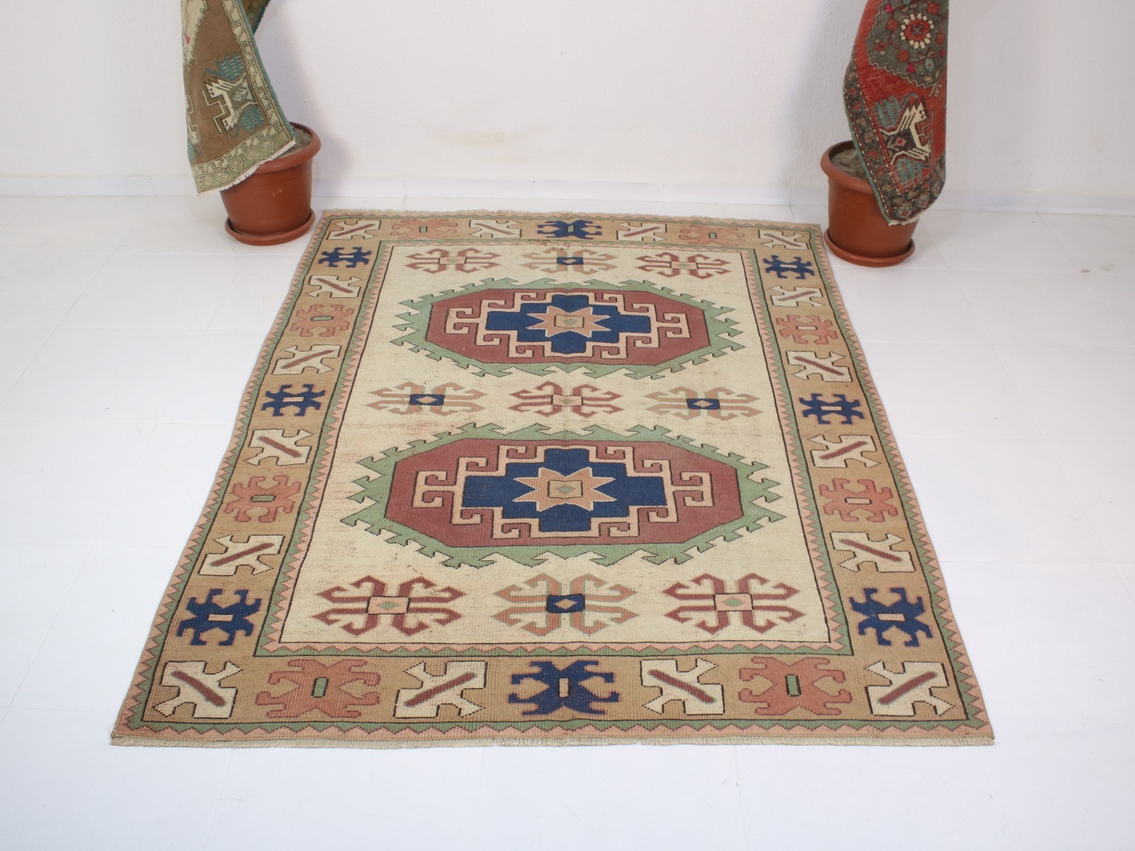 5×7 Beige Blue Area Rug, Handmade Turkish Rug, Large Square Wool Rug, 5.4×7.0 Ft