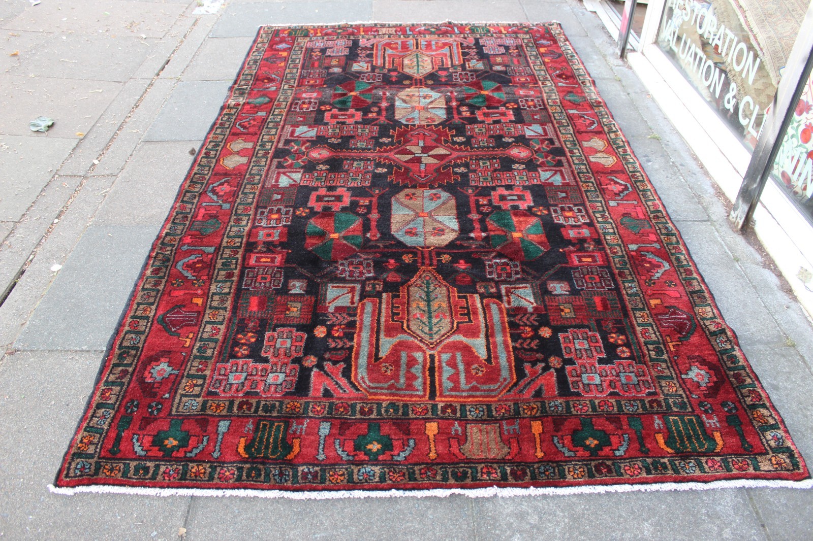 Vintage Hand Made Traditional Oriental Wool Black Red Long Large Rug 286x164cm