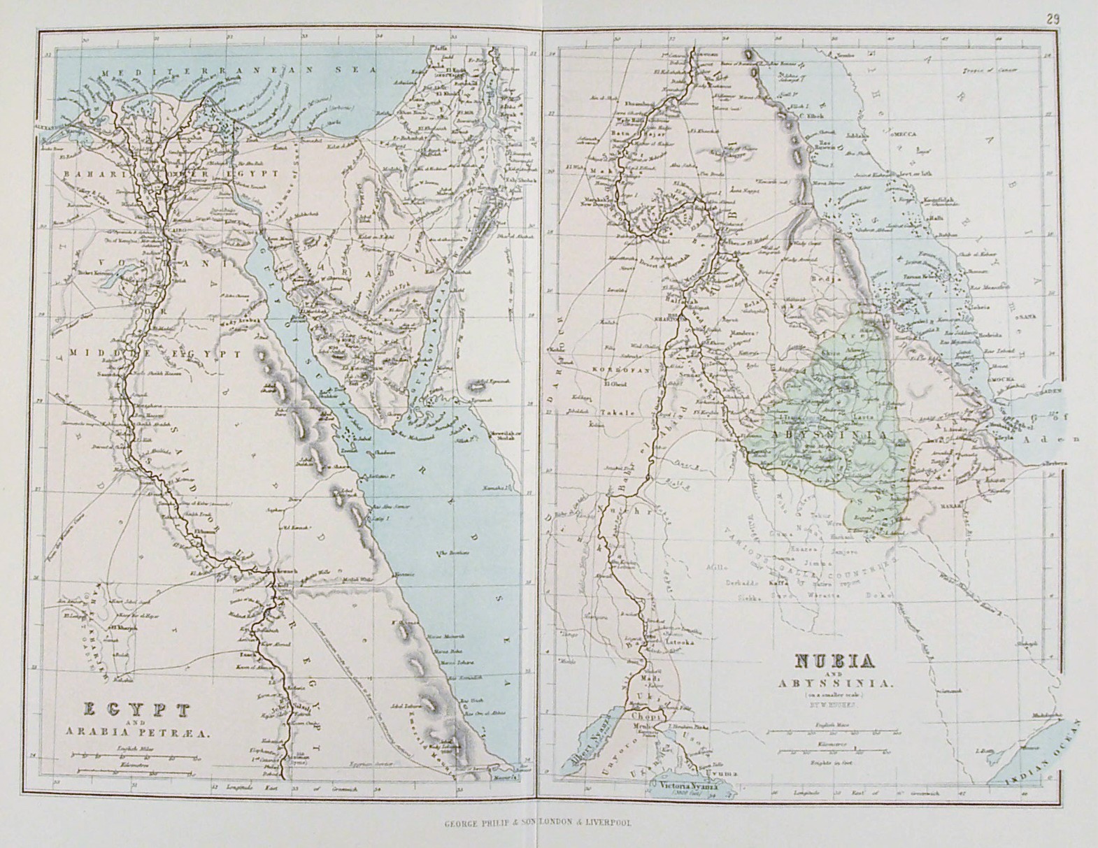 OLD ANTIQUE MAP EGYPT ARABIA MIDDLE EAST AFRICA c1879 by PHILIP NUBIA ABYSSINIA