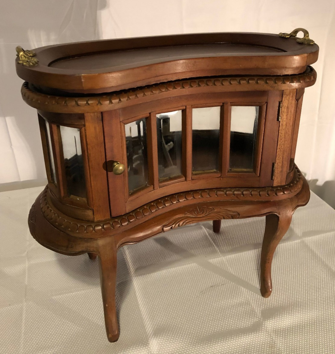 Antique Salesmans Sample Wood Kidney Bean Curio Table w/Tray/Beveled Glass
