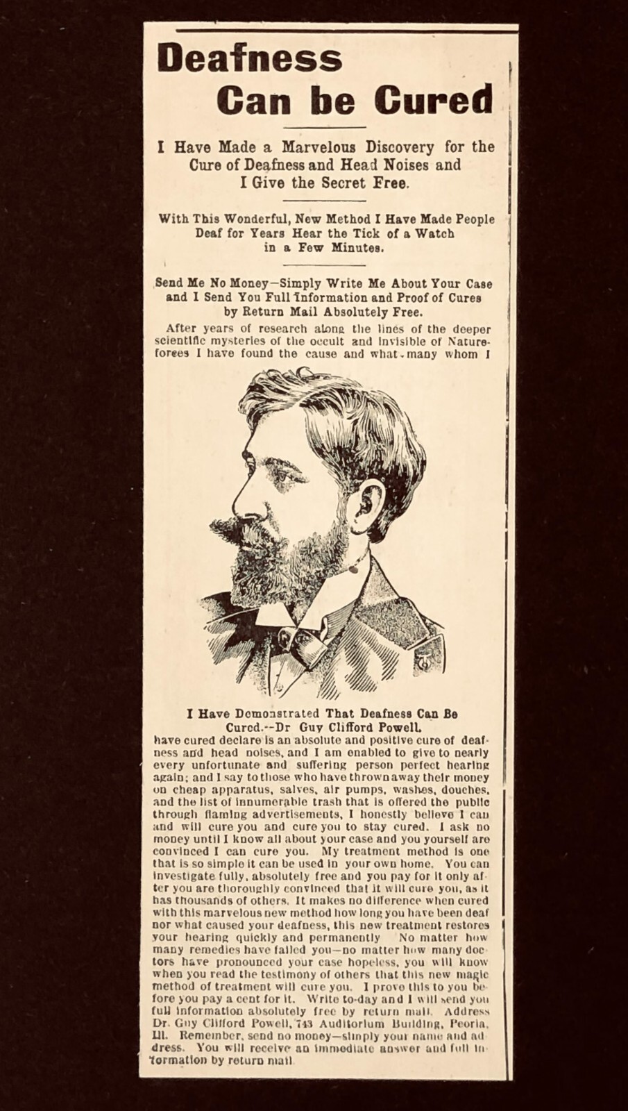 1904 Quack Medicine Advertisement Deafness Head Noises Cured Antique Print AD