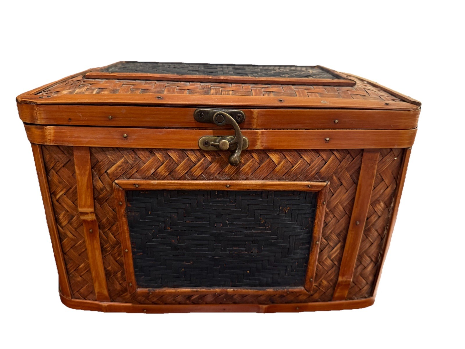 Vintage Chinese Woven Bamboo Cane Wooden Basket Box Large