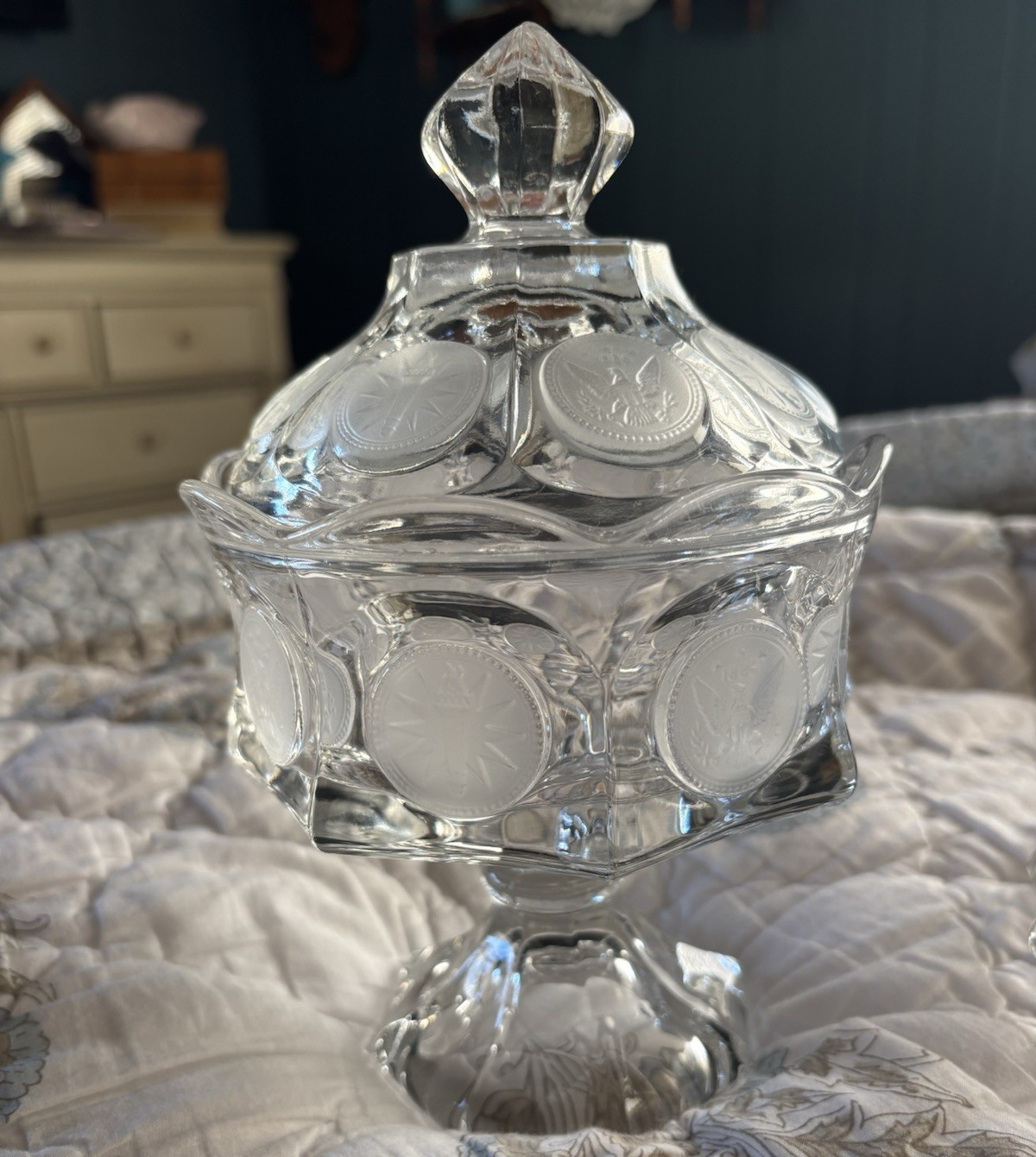 Fostoria glass company, coin glass lidded compote, and bowl