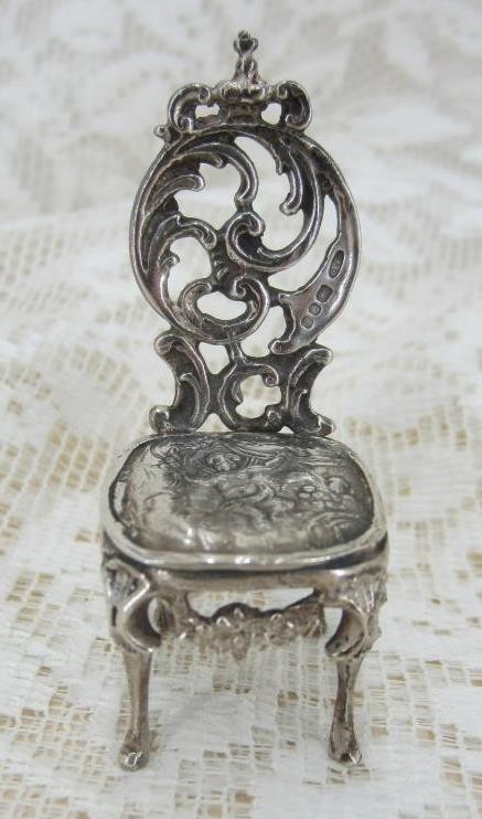 *Chair VTG Solid Sterling Silver Miniature 1:24 Scale, Hallmarks – Rococo Style
