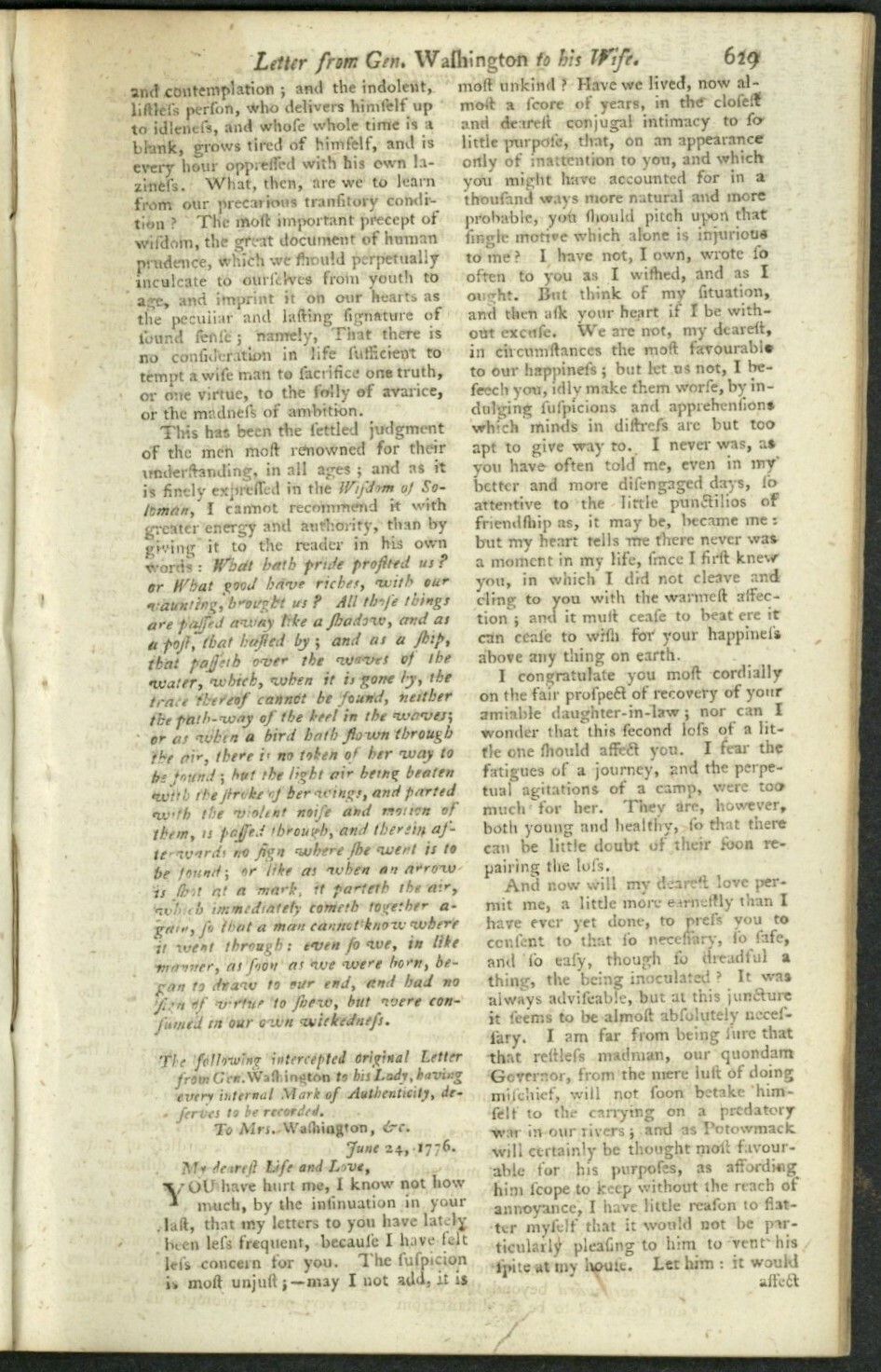INTERCEPTED LETTER FROM GENERAL GEORGE WASHINGTON TO HIS WIFE REVOLUTIONARY WAR