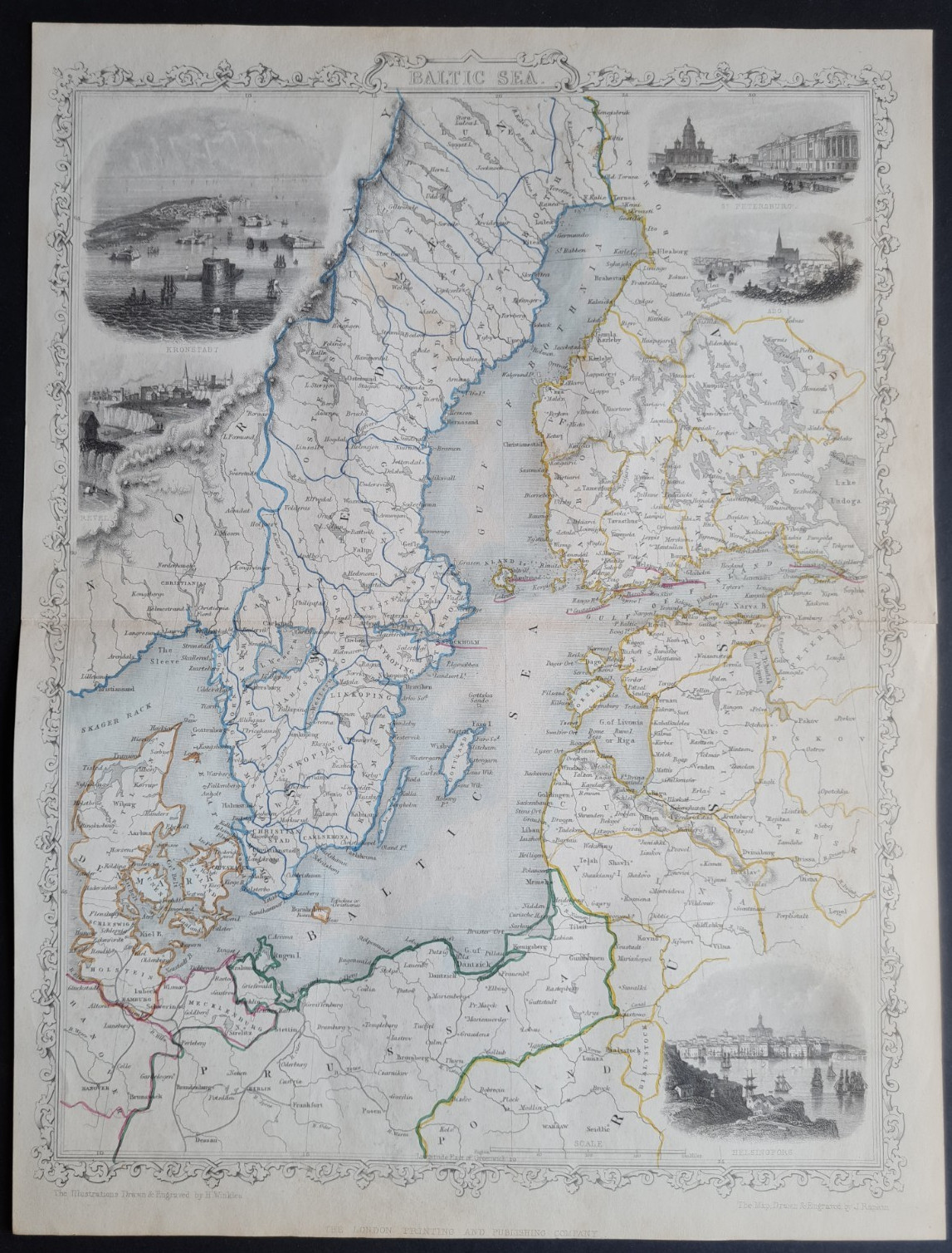 Antique (c. 1860) map – Baltic Sea – St Petersburg – Stockholm – Riga – J Rapkin