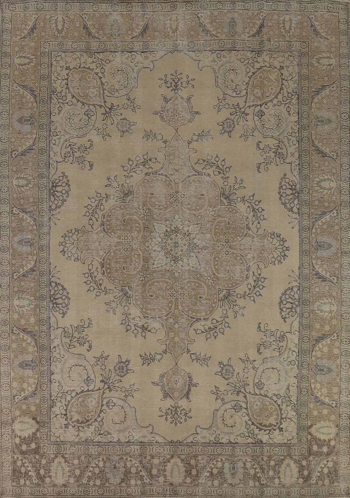 Traditional Tebriz Living Room Area Rug 10×12 Vintage Muted Handmade Wool Carpet