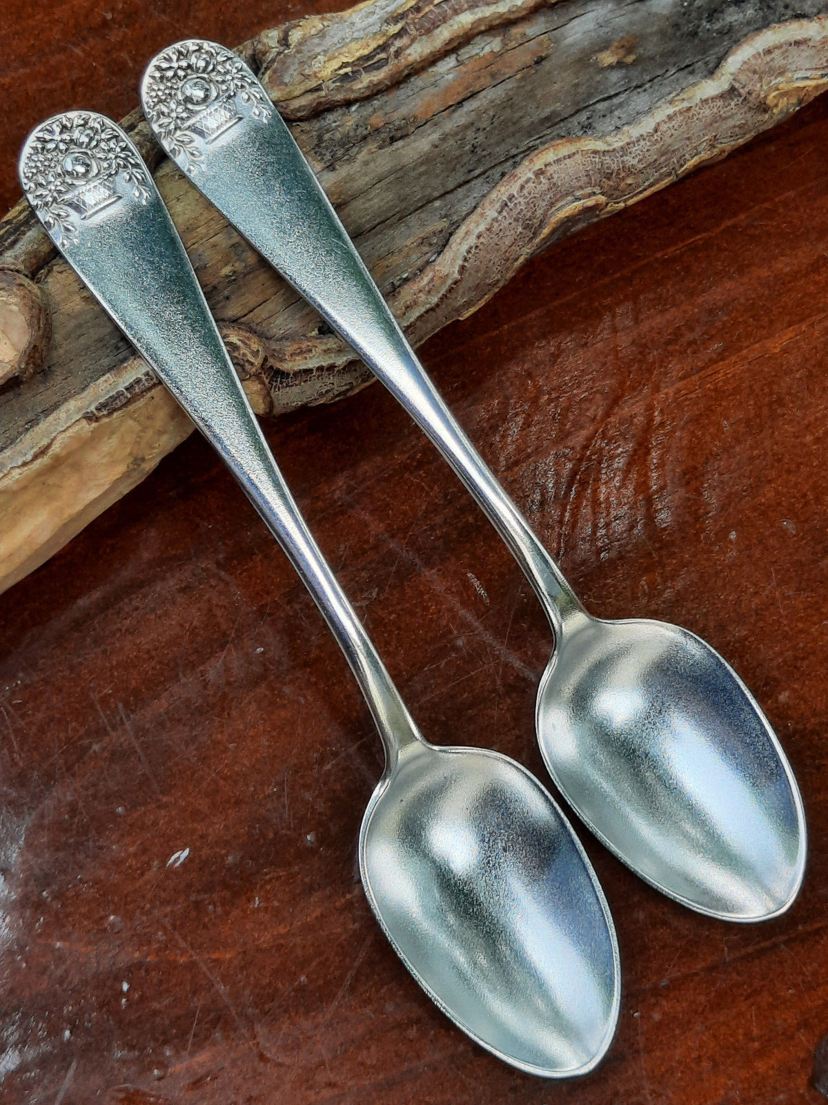 Sterling Silver Pair Durgin Basket of Flowers Demitasse Spoons, No Mono