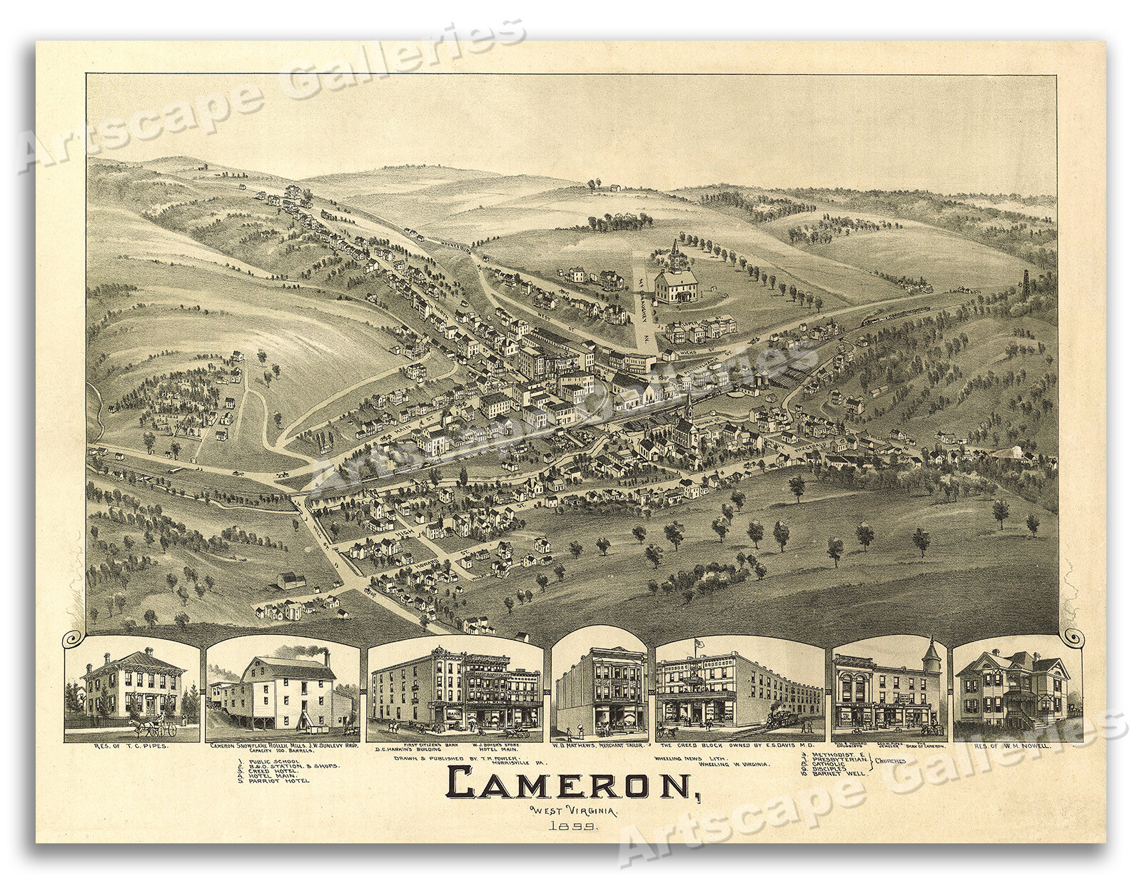 Bird’s Eye View 1899 Cameron West Virginia Vintage Style City Map – 18×24