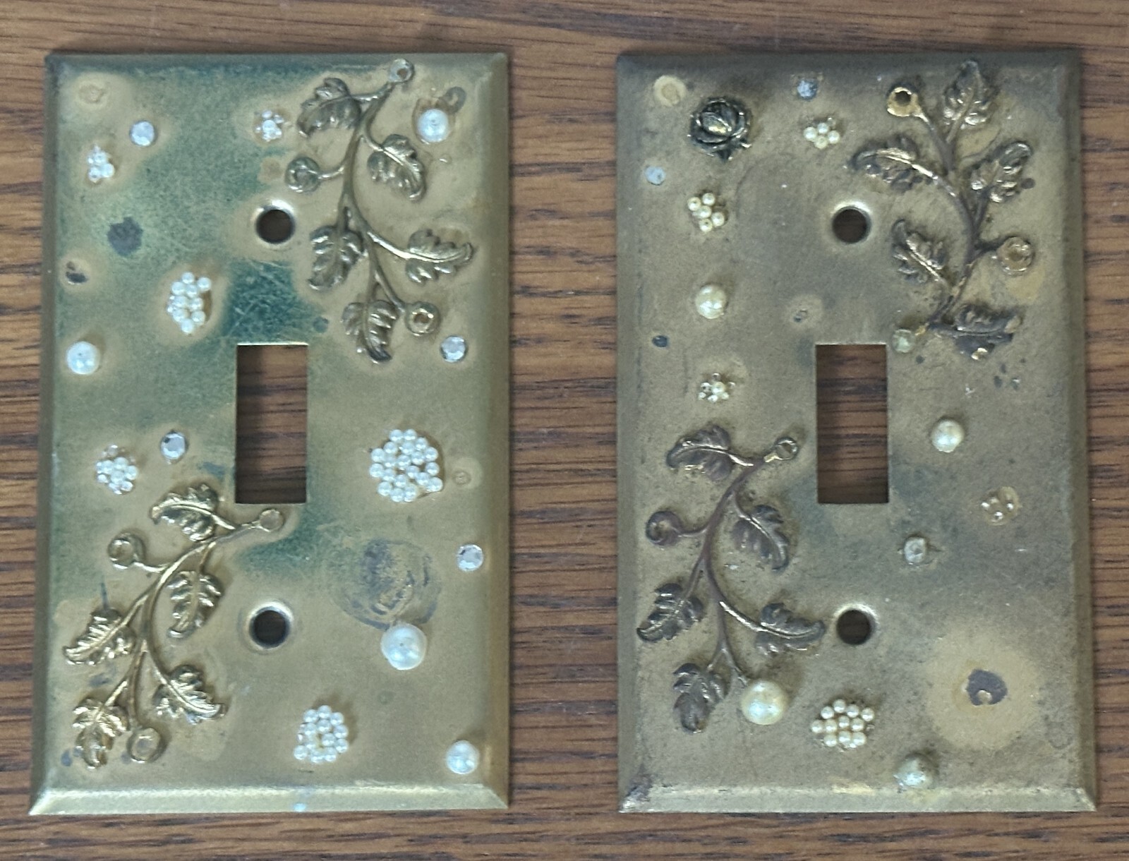 2 MCM VINTAGE Brass Tone LIGHT SWITCH COVERS with FLORAL & FAUX PEARL Detailing