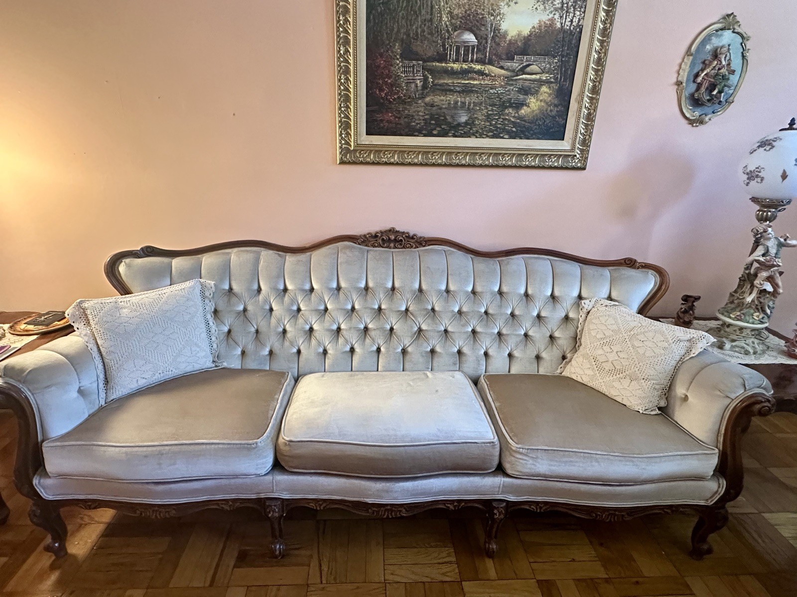Italian Provincial Carved Wood and Upholstery Sofa and Love Seat. Vintage