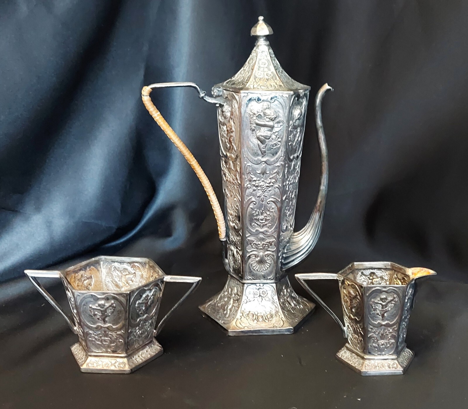 E.G. Webster Rocco Repousse Putti Cherub Gooseneck Teapot Set 1800s Antique