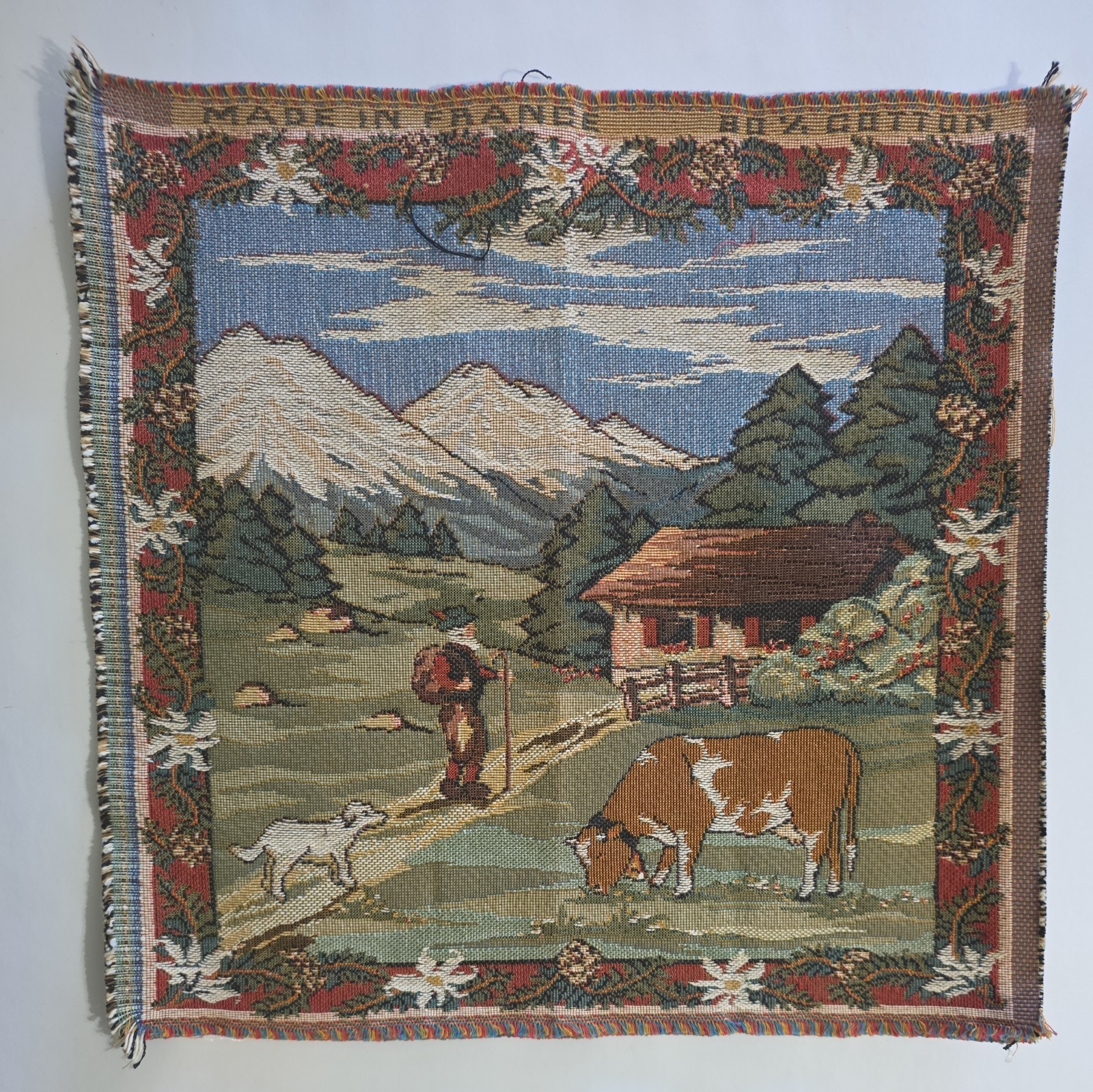 14×14 Handmade Vintage Prairie House Child with Animals Tapestry French, 1990s