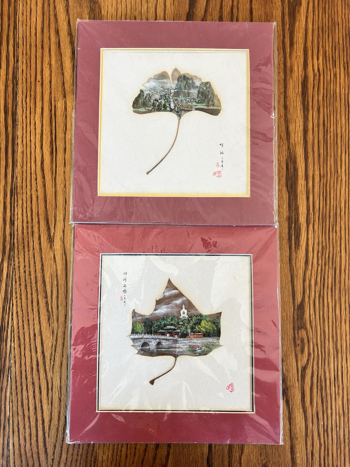 Matted Asian Leaf Pith Painting Figural Village Boat Nature Scenes Signed Pair