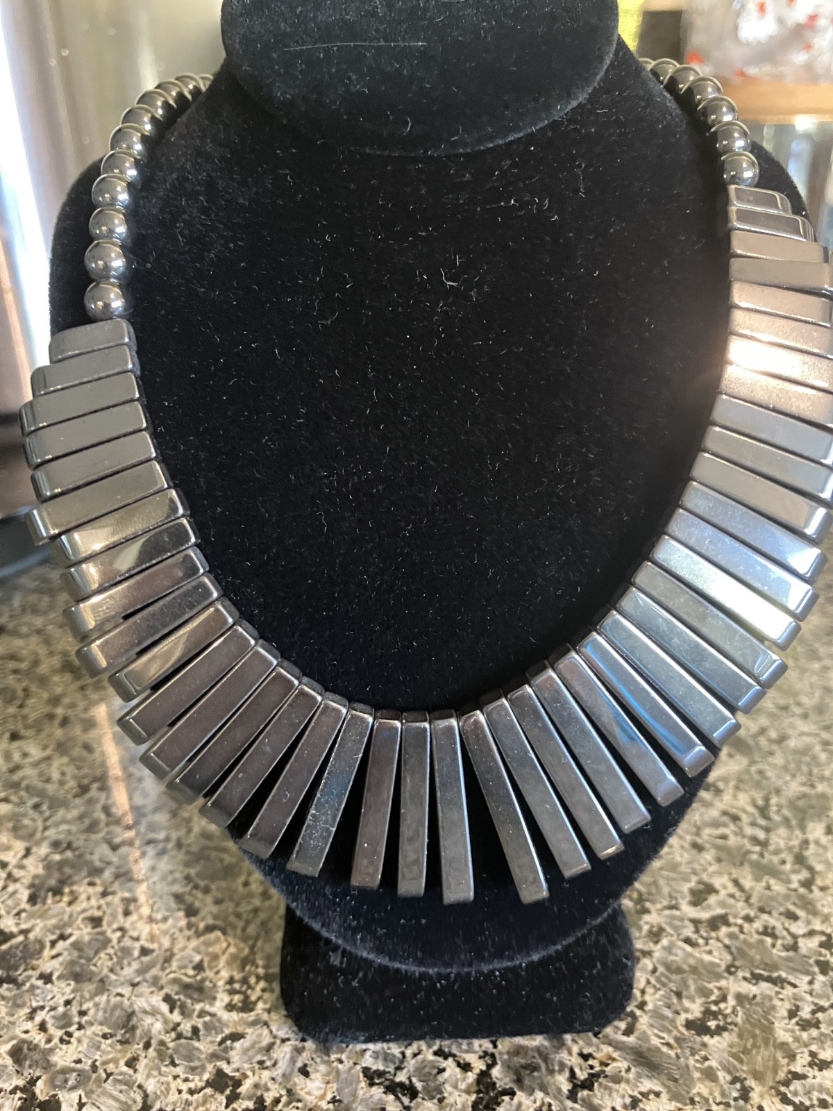 VINTAGE HEMATITE BIB NECKLACE FAN FRINGE BEADED 22″ long 3.3oz
