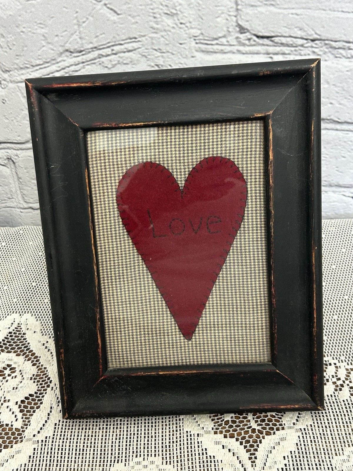 Primitive Folk Art Framed Red Stitched Heart Love Fabric Plaid Farmhouse Sign