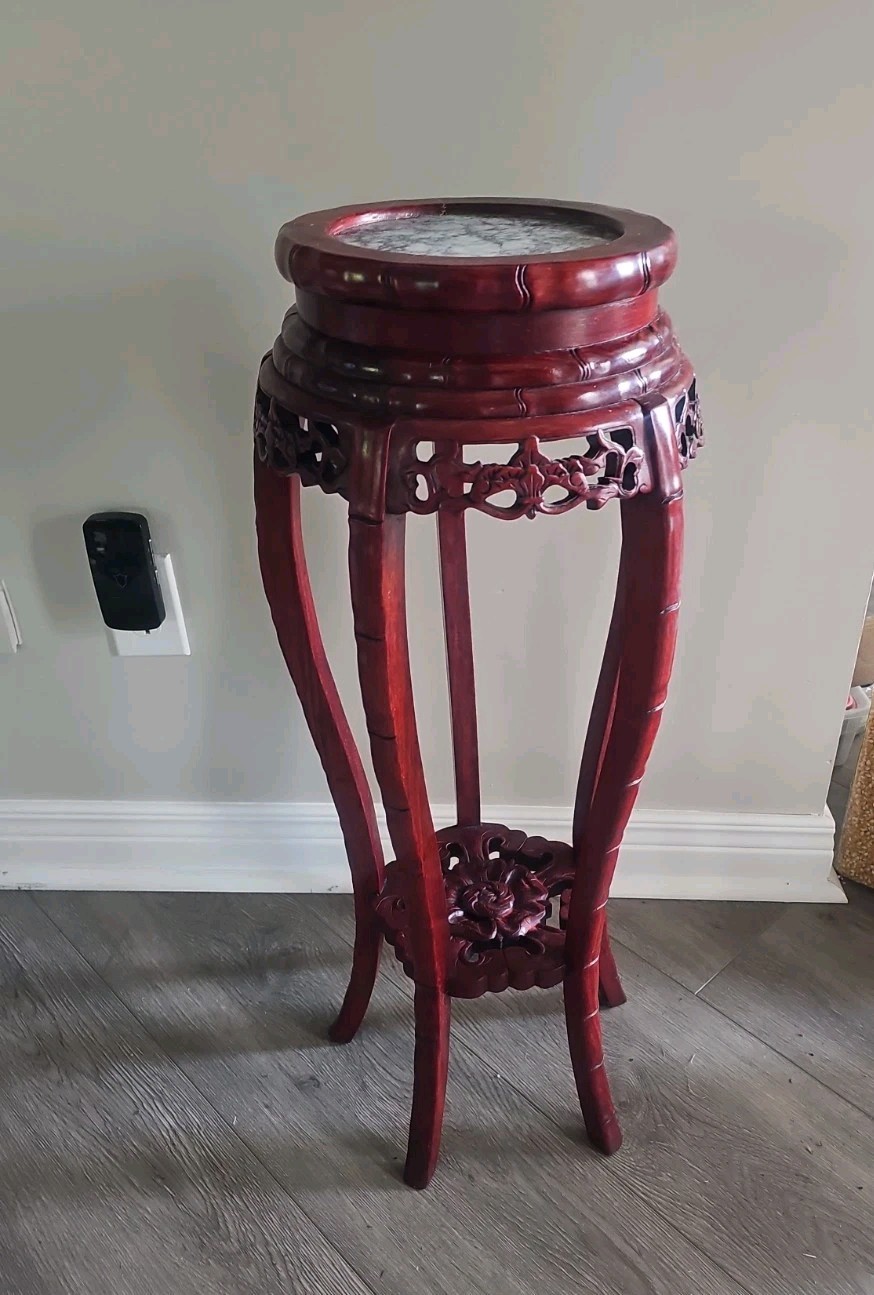 Tall Carved Red Wood Chinese Marble Top Hall Console Table Pedestal