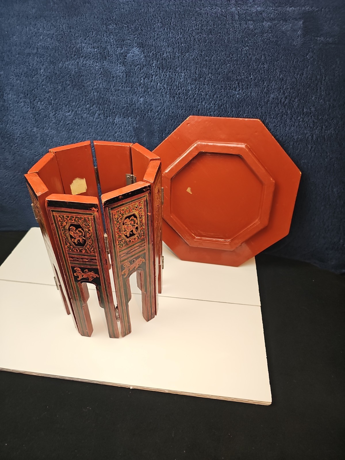Traditional Burmese Lacquerware Octagonal Folding Tea Table 12×12.5 VINTAGE