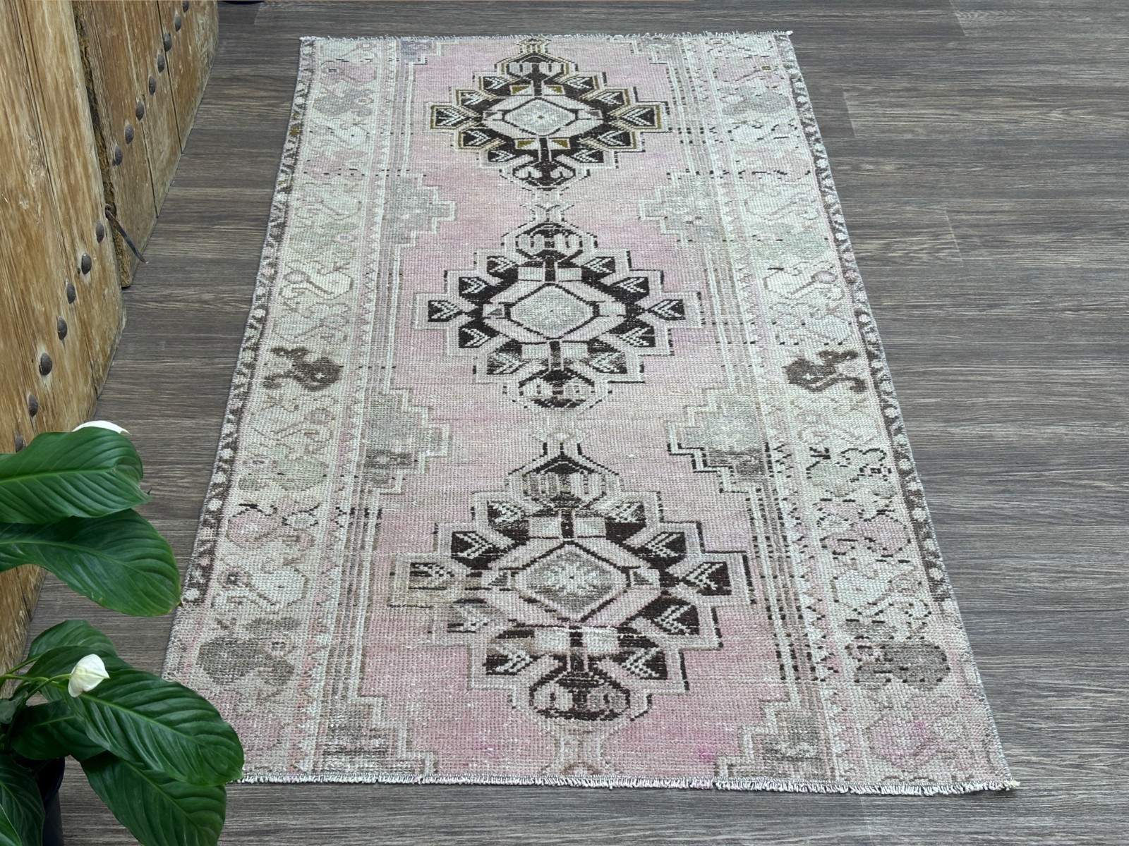 3×6 Pink Brown Vintage Turkish Rug, Hand-Knotted Wool Rug, Small Oushak Runner