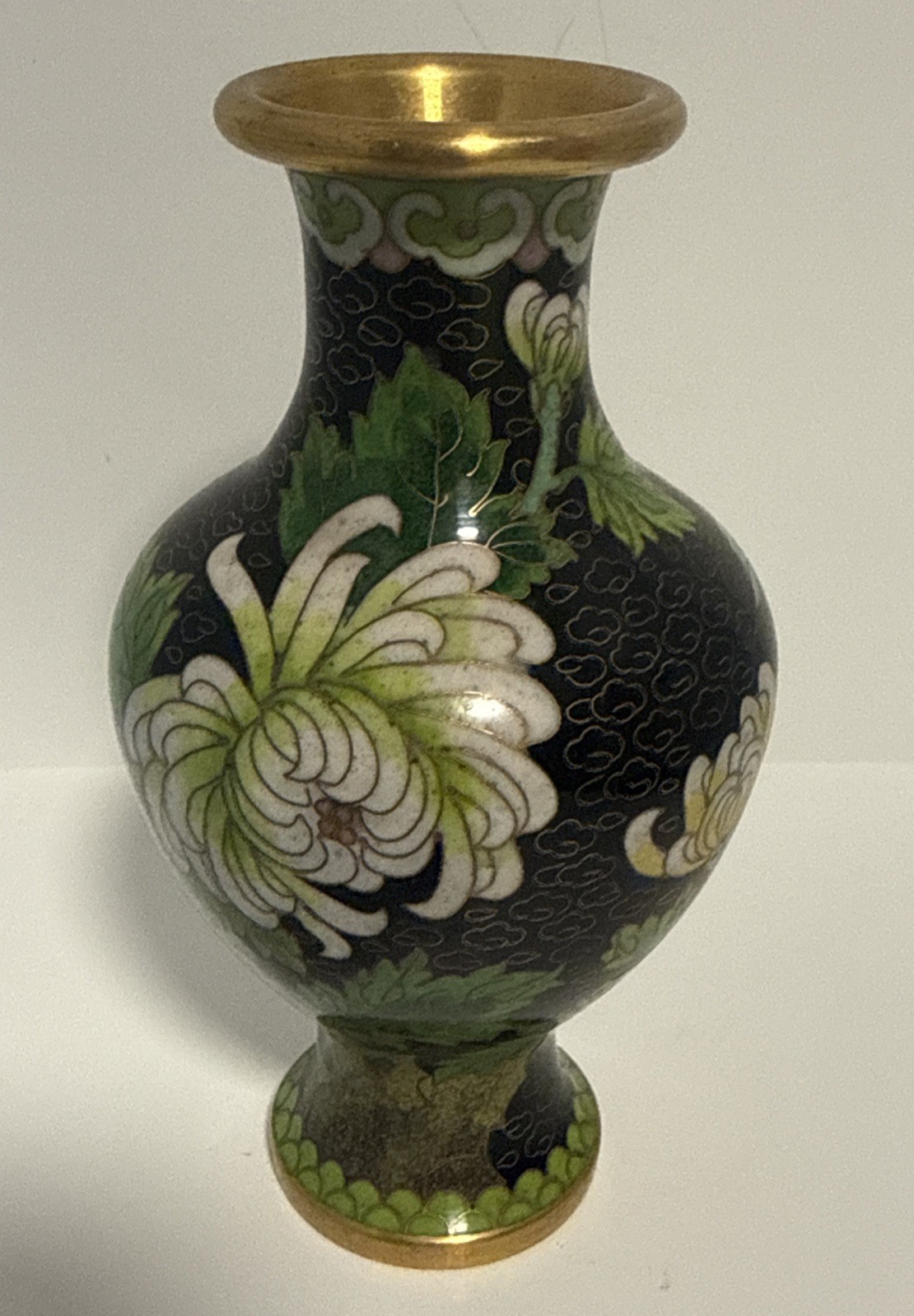 Cloisonné Vase Chinese Copper Black Enamel Floral /Read