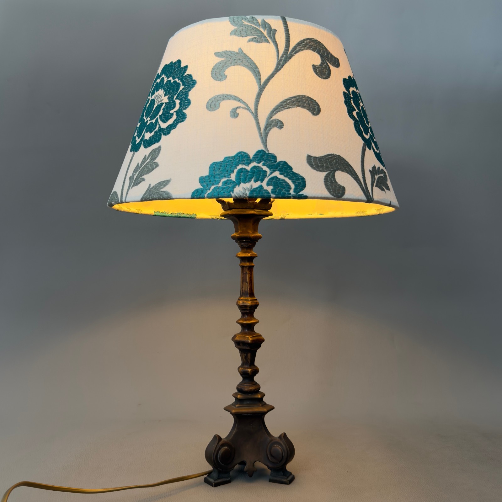 Vintage XX Century Solid Brass Table Lamp With Fabric Shade, After 1950 Original