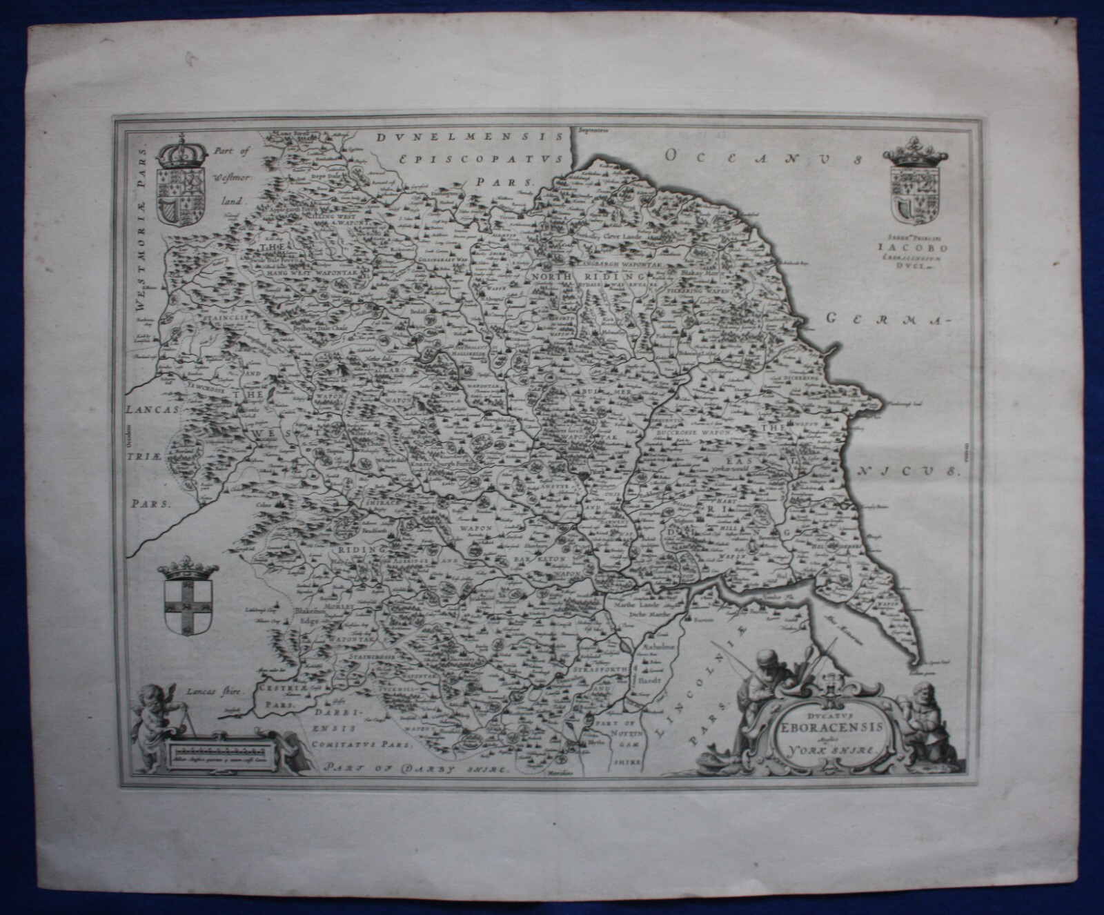 YORKSHIRE, ‘DUCATUS EBORACENSIS’, original antique county map, J Blaeu, c.1648