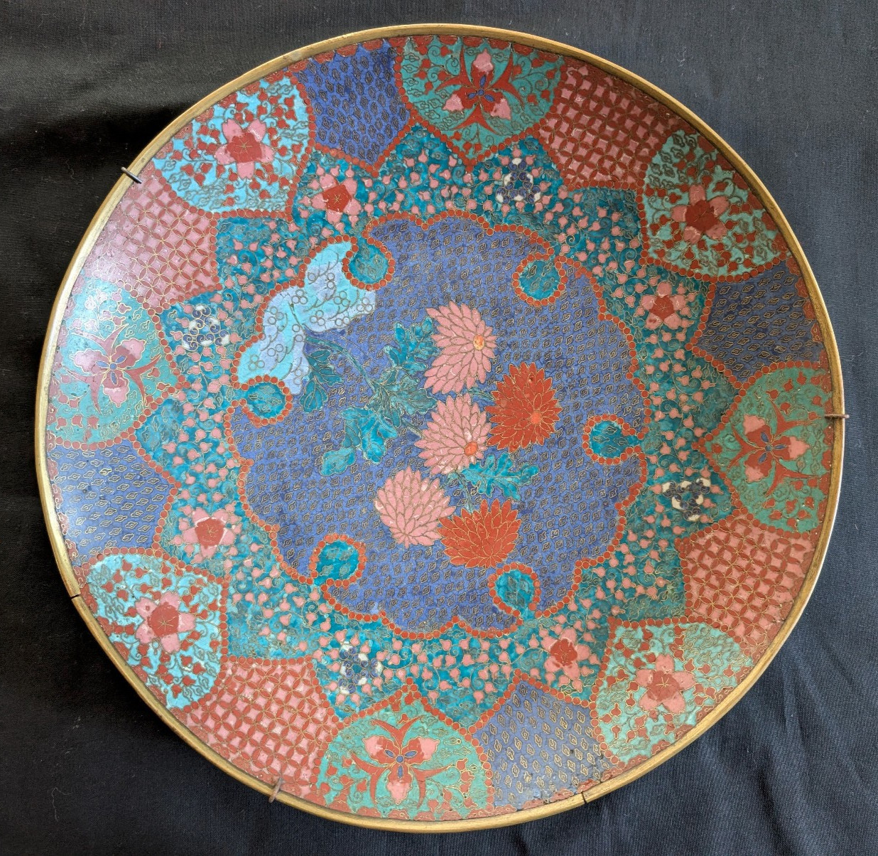 Antique Meiji Period Japanese Cloisonne Wall Hanging Plate, Flowers 19C