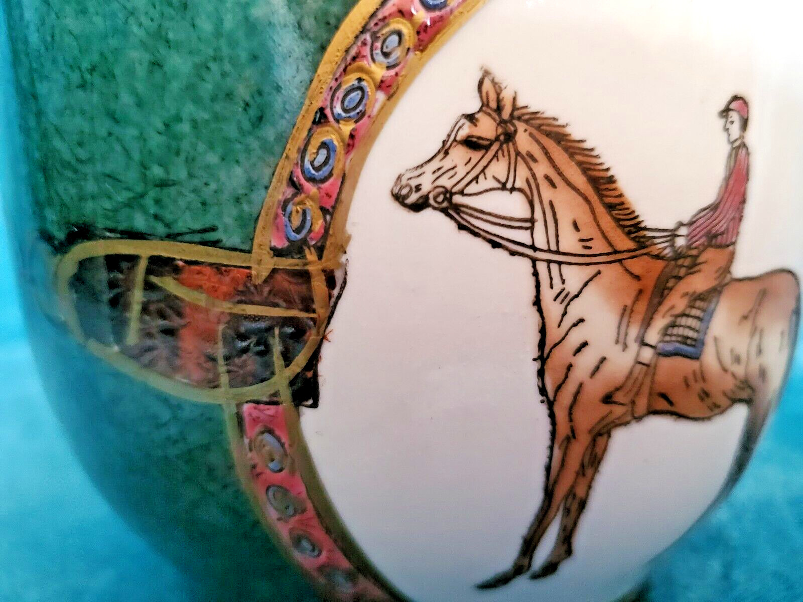 WBI Flower/Plant Pot Horse Jockey Equestrian Hunter Green Hand Painted 4.5″x5.5″