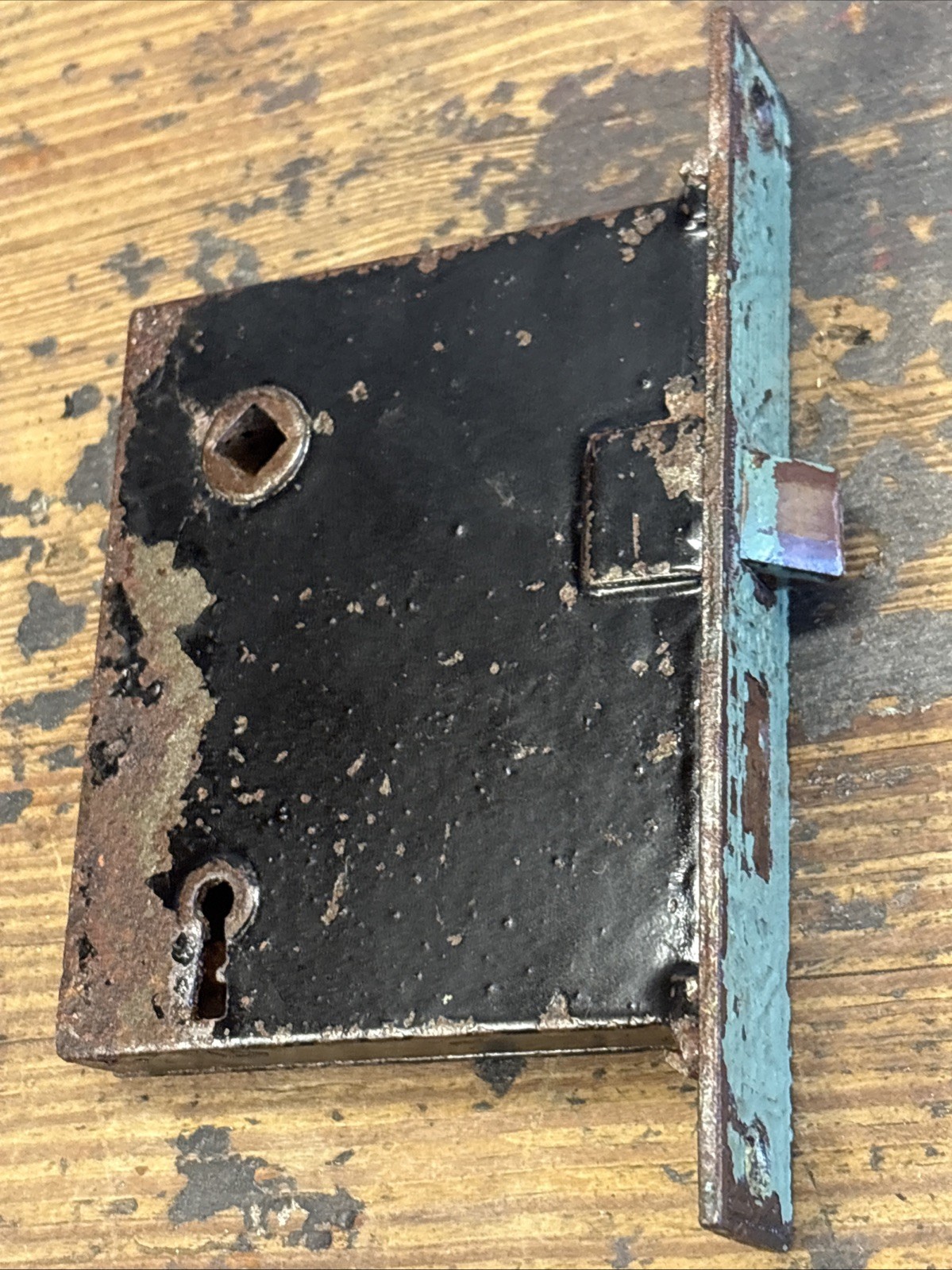 Vintage Mortise Lock Door Hardware Salvage Skeleton Keyhole NO Key Green Paint