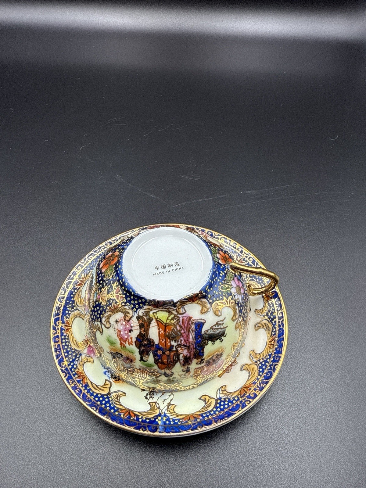 Vintage Chinese Eggshell Porcelain Teacup & Saucer Hand Painted Gold Gilt
