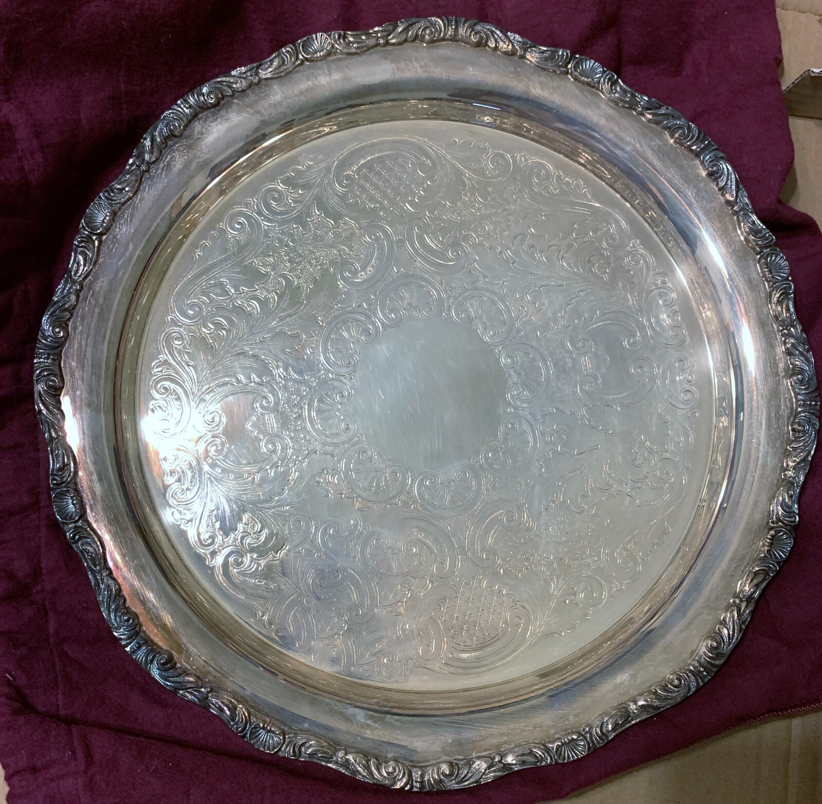 12½” Crescent Silverplate Etched Center, Scalloped Raised Relief Edge Serve Tray