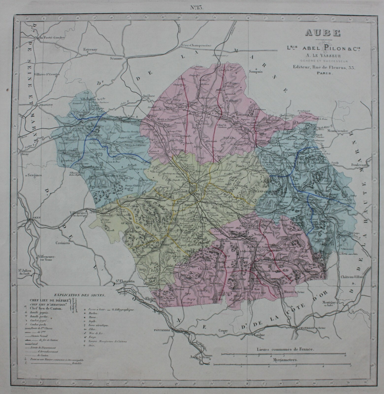AUBE, TROYES, FRANCE original antique map, Lorsignol, Le Vasseur, 1877