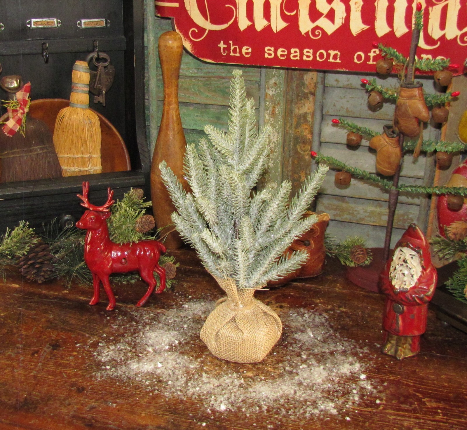 Primitive Mini Artificial Spruce Pine 12″ Snow Flocked Table Top Christmas Tree
