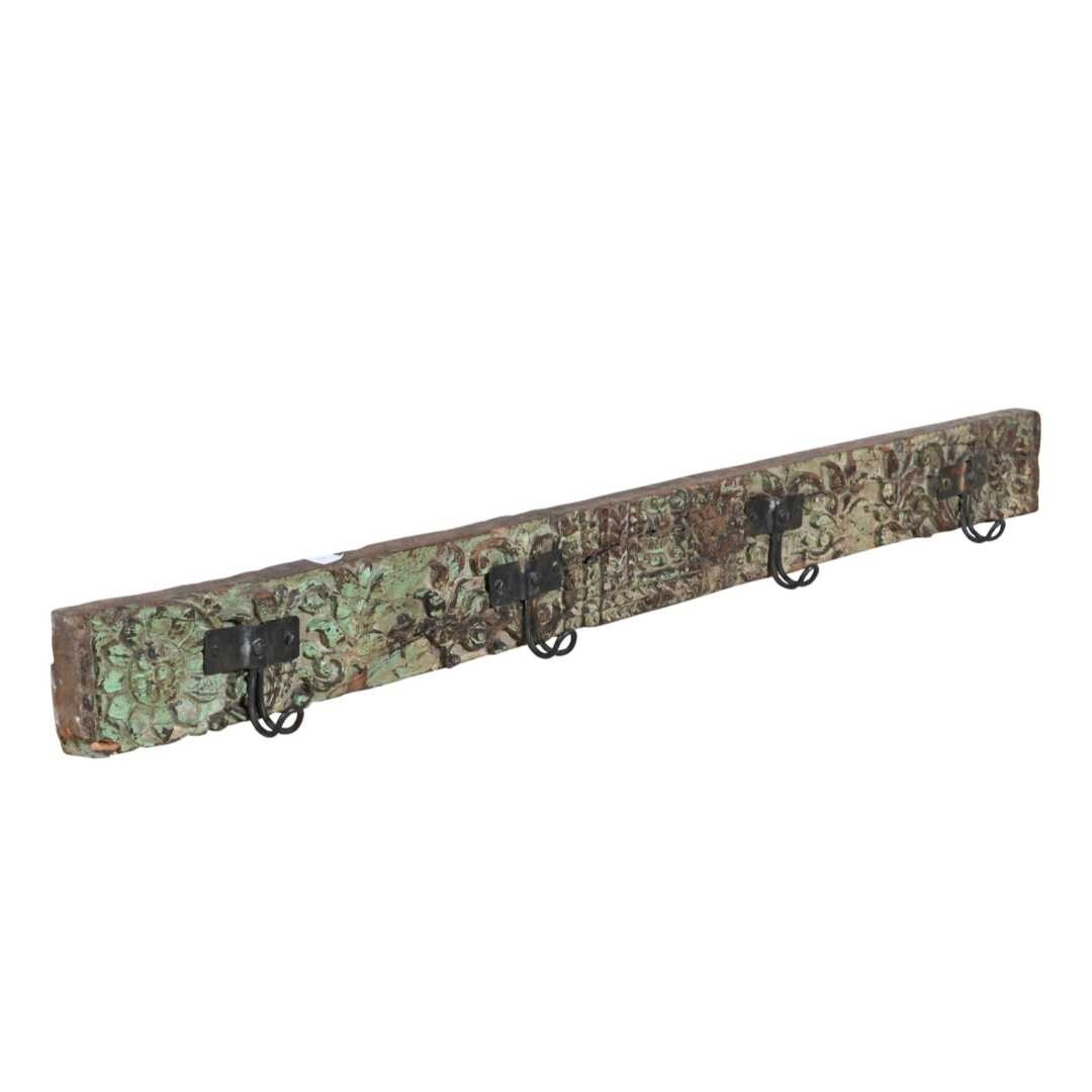 Antique Verdigris Green & Rustic Brown Teak Coat Hook Panel 104cm Hand-Carved